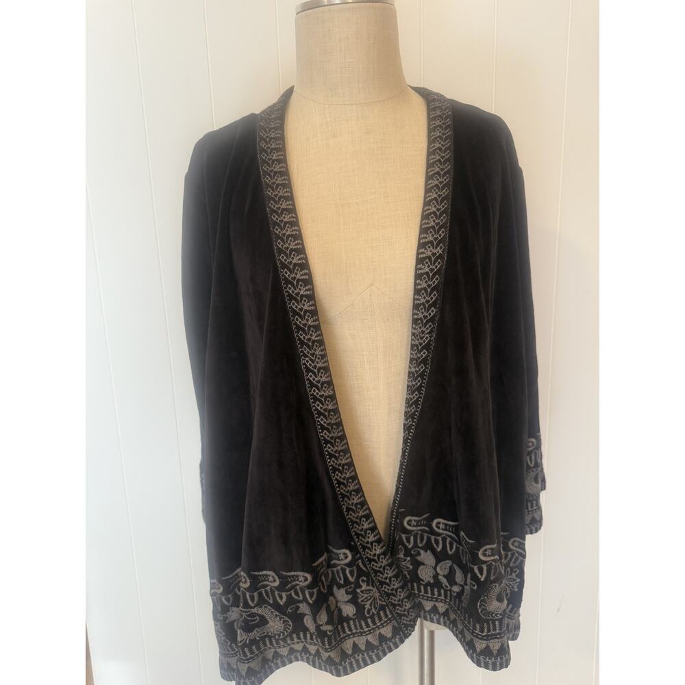 Sweet Magnolia Jacket Womens Large Velvet Embroidered Boho Open Front Floral